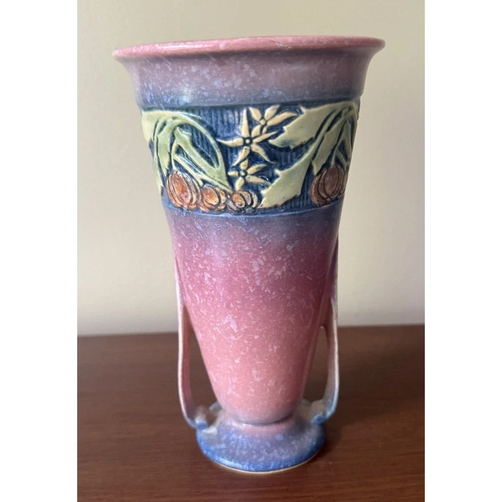 Roseville Baneda Pink 1932 Vintage Art Deco Pottery‎ Ceramic Handled Vase 604-7